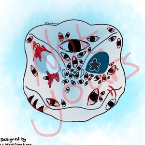 May include: A white, cloud-like creature with multiple eyes, some with red pupils and some with black pupils. The creature has a blue star on its forehead and red blood-like streaks on its face.