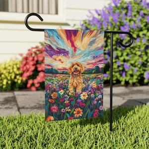 Bandera de jardín de primavera para labradoodle, goldendoodle y cockapoo, regalo para San Valentín, Pascua y madre.