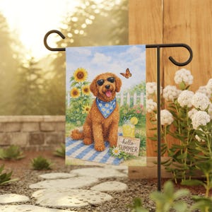 May include: A garden flag depicting a cartoon dog wearing sunglasses and a blue bandana. The dog is sitting on a blue and white striped blanket with lemonade and a sign saying "hello SUMMER". Sunflowers and a butterfly are also in the image.