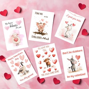 Watercolor Farm Animal Valentine Cards, Set of 6 (Digital Download)