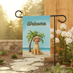 May include: A welcome garden flag with a cartoon dog wearing sunglasses and a palm tree on a beach. The flag is blue with white text that says "Welcome".