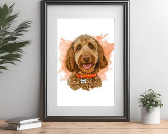 May include: A watercolor painting of a brown dog with a bright orange collar and a bone-shaped tag. The dog is smiling and has a pink tongue sticking out. The background is a light peach color with splatters of paint.