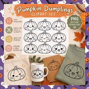 Könnte beinhalten: Ein digitales Clipart-Set mit dem Titel Pumpkin Dumplings, das neun schwarz-weiße Strichzeichnungen von Kürbissen mit verschiedenen Gesichtsausdrücken auf weißem Hintergrund zeigt, inklusive Beispielen auf einer Tasche, Tasse und einem grünen T-Shirt.