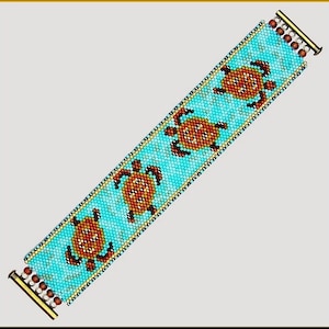 May include: A turquoise beaded bracelet with a repeating pattern of orange and brown sea turtles. The bracelet has gold metal clasps on each end.