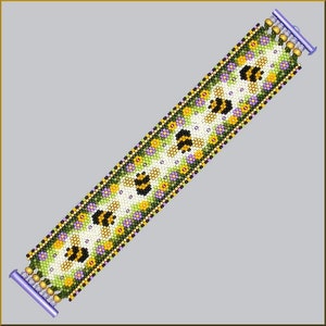 May include: A beaded bracelet featuring a repeating pattern of yellow and black bees, purple and yellow flowers, and green leaves. The bracelet has a white background and is bordered by black and gold beads. The clasp is light purple with gold accents.