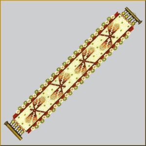 May include: A beaded bracelet with a geometric pattern of brown, green, and white beads. The bracelet has metal clasps on each end.