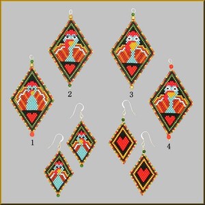 May include: Four pairs of beaded earrings, each with a diamond-shaped design. The earrings feature a turkey design with red, orange, yellow, green, and blue beads. The earrings are numbered 1 through 4.