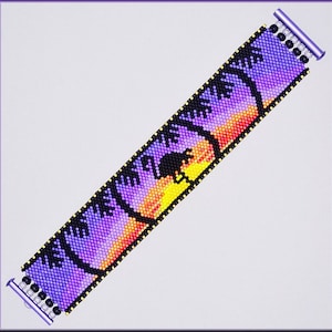 May include: A beaded bracelet with a colorful sunset and palm tree design. The bracelet is made with black, yellow, orange, pink, purple, and blue beads. The bracelet has silver clasps.