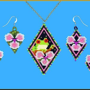 May include: A beaded necklace and earrings set featuring a green frog with pink and green flowers. The necklace is a diamond shape and the earrings are heart shaped.