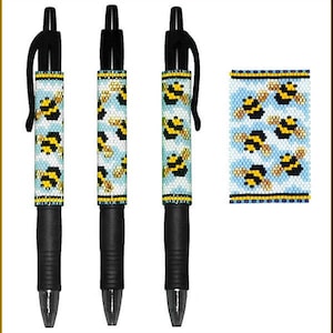May include: Three black pens with a blue and yellow bee design on the barrel. The design features bees flying on a light blue background with yellow accents. A close-up of the design is shown on the right.