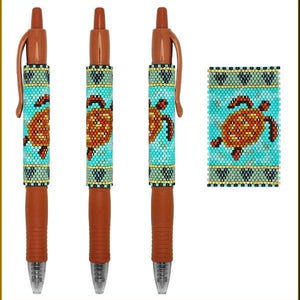 May include: Three brown pens with turquoise and gold beaded pen toppers featuring a sea turtle design. A close-up of the beaded pen topper is also shown.