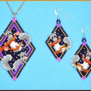 May include: A beaded necklace and earrings set featuring a diamond-shaped design with a black background and colorful beadwork depicting two squirrels. The squirrels are orange, white, and gray, and the background is accented with purple and gold beads.