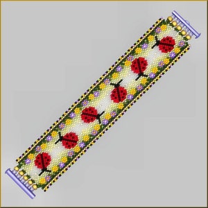 May include: A beaded bracelet with a repeating pattern of ladybugs and flowers. The bracelet is made with seed beads in shades of red, black, yellow, green, and white.