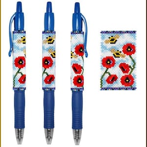 May include: Three blue pens with a beaded design featuring red poppies, green stems, and yellow bees on a white background. A separate beaded design with the same pattern is also shown.