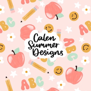 May include: A pink background with a repeating pattern of red apples, pencils, stars, smiley faces, and the letters ABC. The text "Calen Summer Designs" is in the centre of the image.