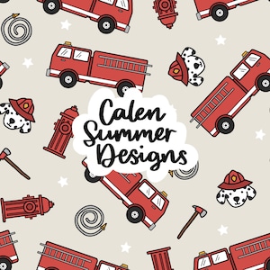 May include: A seamless pattern featuring red fire trucks, fire hydrants, dalmatian dogs wearing fire hats, and stars on a light beige background. The text "Calen Summer Designs" is in the center of the pattern.