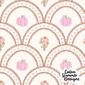 May include: A repeating pattern featuring pink pumpkins, bouquets of orange flowers, and scalloped arches with pink dots. The design is set against a cream-colored background. The text "Calen Summer Designs" is in the lower right corner.