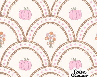 Fall Pumpkin Floral Scalloped Seamless Pattern, Preppy Fall, Pumpkin Seamless, Cottagecore Seamless, Fall Bow Seamless, Marigolds Seamless
