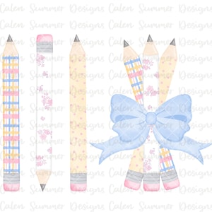 Watercolor Bow Pencils Clipart Set of 5, Back to School Watercolor, Preppy School Clipart, Teacher Clipart