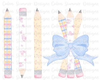 Watercolor Bow Pencils Clipart Set of 5, Back to School Watercolor, Preppy School Clipart, Teacher Clipart