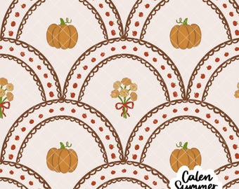Fall Pumpkin Floral Scalloped Seamless Pattern, Preppy Fall, Pumpkin Seamless, Cottagecore Seamless, Fall Bow Seamless, Marigolds Seamless