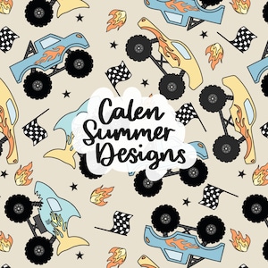 May include: A seamless pattern featuring monster trucks with flames and checkered flags on a beige background. The text "Calen Summer Designs" is in the center of the pattern.