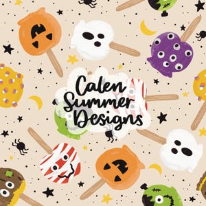 May include: A seamless pattern featuring various Halloween-themed candy apples on sticks. The apples are decorated with different designs, including a ghost, a mummy, a pumpkin, a monster, and a spider. The background is a light beige color with scattered stars and moons.