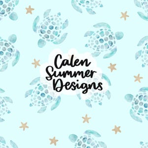 May include: Sea turtle pattern with a light blue background and gold stars. The text "Calen Summer Designs" is in the centre of the image.