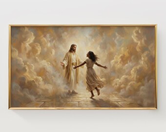 Black Girl & Jesus Frame TV Art, African American Spiritual Uplifting Wall Decor, Classic Inspirational Art, Peaceful Digital Download