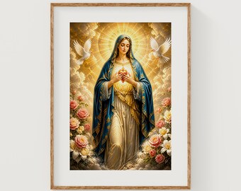 Sacred Heart Virgin Mary Portrait with Doves and Roses (Digital Download)