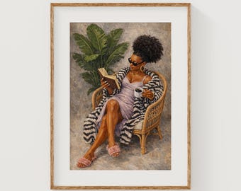 Chic Black Woman Reading in Wicker Chair - Modern Printable Wall Art, Book Lover Decor, Cozy Digital Painting, Zebra Robe, Instant Download