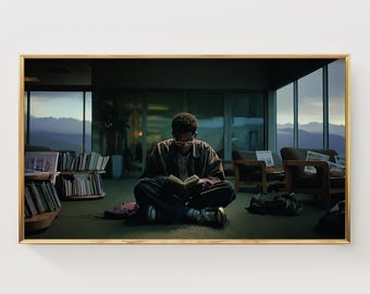 Moody Frame TV Art, Black Student Reading at Night Digital Download, Cozy Book Lover's Scene, African American Library Decor, Cinematic
