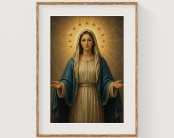 Virgin Mary in Blue Mantle with Radiant Star Halo Portrait (Digital Download)