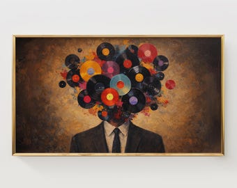 Surreal Frame TV Art: Retro Vinyl Record Head Portrait, Moody Abstract Figure, Vintage-Inspired Music Decor, Black Suit, Digital Download