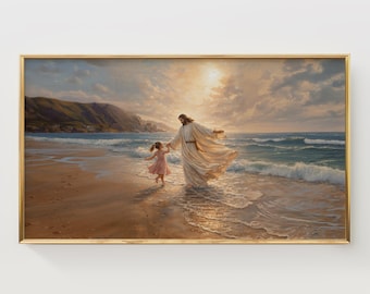 Jesus Christ Frame TV Art, Walking with Little Girl Beach Scene, Spiritual Wall Decor, Peaceful Sunset Coastal Art, Digital Download