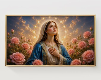 Virgin Mary Portrait with Pink Roses Star Halo for Frame TV Art (Digital Download)