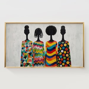 Może przedstawiać: Oprawiony wydruk artystyczny przedstawiający cztery stylizowane postacie w kolorowych sukienkach we wzory. Postacie mają czarne sylwetki głów i szyi. Sukienki prezentują geometryczne, zygzakowate, faliste i groszkowe wzory w różnych kolorach.