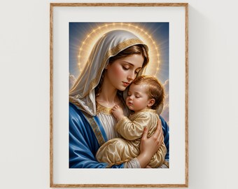 Madonna and Child Tender Embrace with Soft Golden Halo Wall Art (Digital Download)