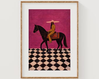 Bold Black Fashion Woman Riding Horse - Retro-Modern Stylish Wall Art, Chic Decor with Checkerboard Pattern, Digital Printable Download