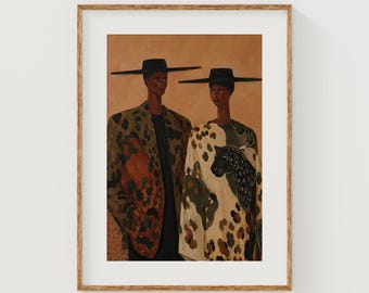 Casal estiloso com estampa de leopardo, arte de parede ilustrada e ousada (download digital)