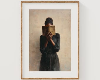 Moody Elegant Woman with Gilded Book - Printable Vintage Portrait Art, Black Dress Sophistication, Book Lover Decor, Digital Download