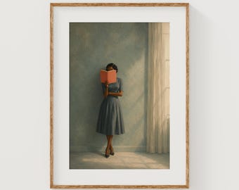 Arte de parede imprimível para quarto azul com mulher vintage lendo um livro.