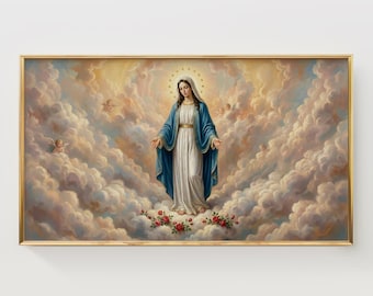Blessed Virgin Mary Frame TV Art, Traditional Catholic Art, Luminous Devotional Painting, Samsung Frame TV Wall Decor, Digital Download