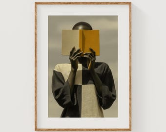 African American Black Reader Portrait - Minimalist, Modern Wall Art, Neutral Tones Book Lover Decor, Printable Digital Art Download
