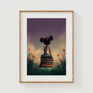 May include: A framed art print depicts a young person with dark hair, seated atop a stack of books, gazing towards a purple sky. The scene is set in a field of wildflowers, with a soft, painterly style.