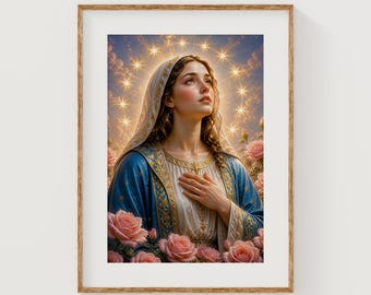 Devotional Virgin Mary Portrait, Classical Religious Art with Roses and Star Halo (Digital Download)