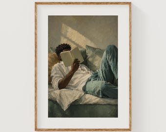 Quadro vintage de leitor de livros, arte de parede aconchegante (download digital)