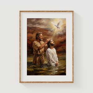 May include: A framed religious painting depicts a baptism scene. A man in a brown robe pours water over the head of another man in a white robe. A white dove descends from the sky, with light rays shining down.