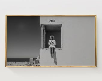 Moody Coastal Frame TV Art, African American Woman Black & White Print, Minimalist Window Scene, Vintage Noir Decor, Digital Download