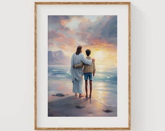 Jesus with Black Man Printable Wall Art, African American Guy Print Decor, Christian Poster, Faceless Boy Portrait, Watercolor Beach Scene